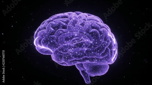 Glowing purple holographic brain model floating in dark space