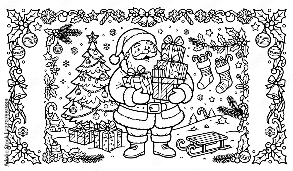 Fototapeta premium Christmas coloring page vector illustration with smiling Santa Claus holding gifts decorated holiday tree and a festive winter floral border