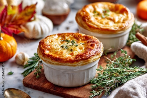 Two individual savory pot pies sit in white ceramic ramekins, topped with golden flaky crusts and fresh herbs, surrounded by autumn leaves, rosemary, linen