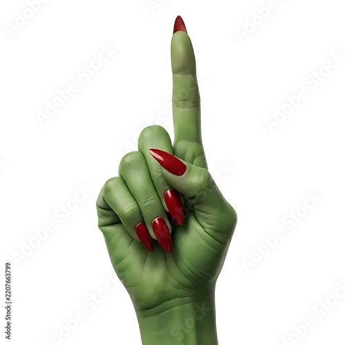 A single green witch hand pointing directly upward