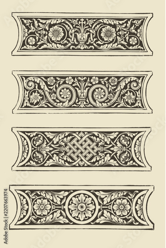 Four decorative vintage floral border panels