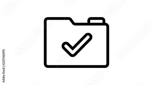 A simple black and white outline icon representing a digital file folder with a checkmark symbol indicating a completed task or a verified document