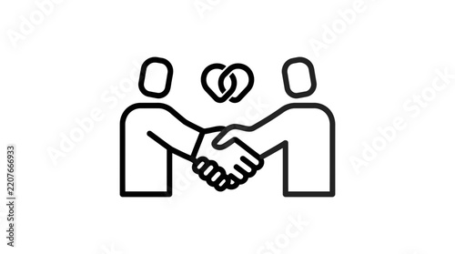 Minimalist line art illustration of two people shaking hands with a heart symbol above representing partnership cooperation trust agreement and successful business relationship concepts