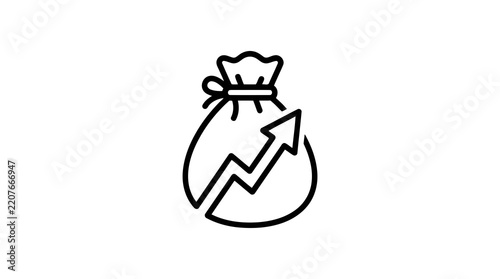 A black and white line art icon representing a money bag with an upward trending arrow indicating financial growth profit increase and investment success