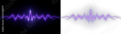 Abstract purple glowing sound wave pulse design, digital audio waveform visualization, futuristic energy frequency lines on black and transparent background