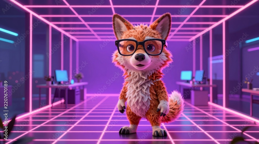 Fototapeta premium Adorable cartoon fox wearing glasses poses in a neon-lit office. The vibrant setting adds a fun, modern touch to this creative, fluffy character design.