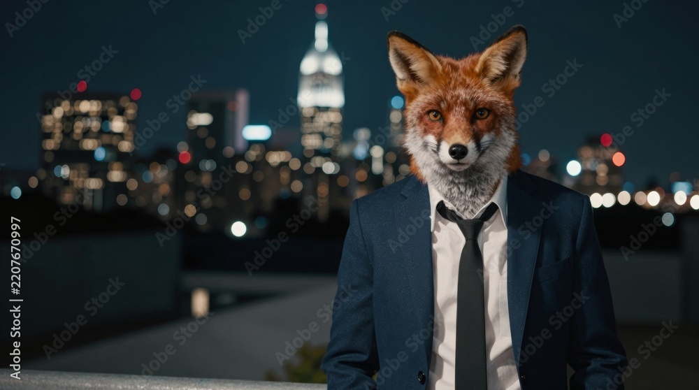 Naklejka premium A surreal business man with a fox head, standing in a vibrant urban night skyline, wearing unique animal and professional attire