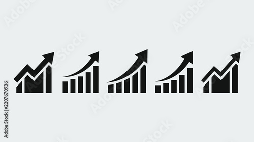 Professional business growth icon collection featuring rising bar charts, financial analytics, success metrics, upward trends, vector symbols.