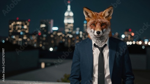 A surreal business man with a fox head, standing in a vibrant urban night skyline, wearing unique animal and professional attire