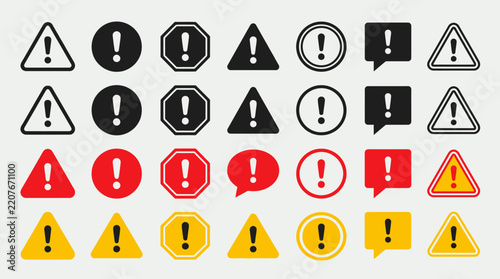 Collection of warning icons with exclamation marks inside circles, triangles, octagons, and diamonds, symbolizing alerts, hazards, and caution.