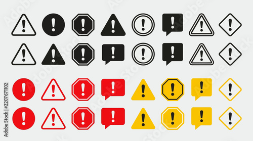 Collection of warning icons with exclamation marks inside circles, triangles, octagons, and diamonds, symbolizing alerts, hazards, and caution.