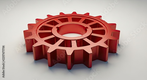 Red Industrial Gear Sprocket with Intricate Design on Light Background.