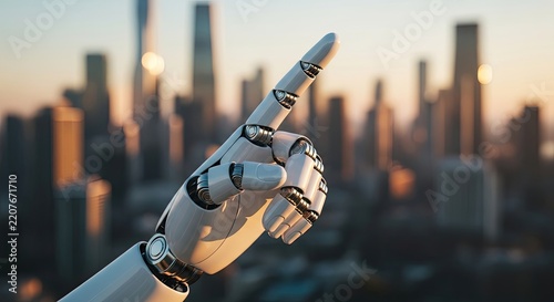 Robotic Hand Pointing Towards Futuristic Cityscape at Sunset.