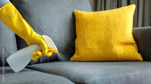 Hand in yellow glove sprays cleaner onto gray couch in a home setting with a yellow cushion nearby during daytime