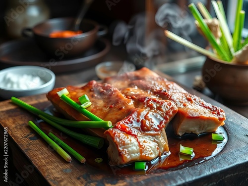 Savory aroma wafts from crispy pork belly, sizzling with green onions on rustic wooden table, stir-fry, eatery