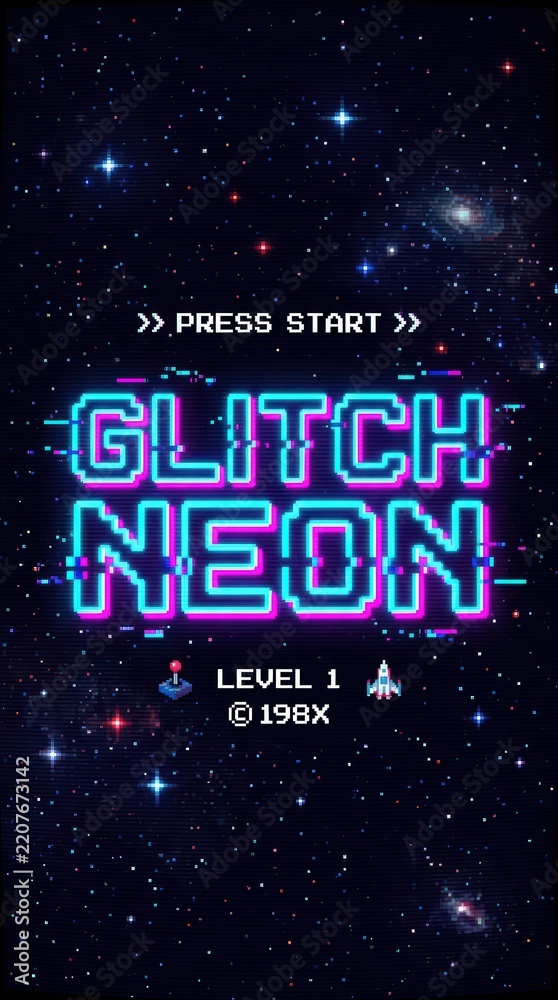 Fototapeta premium Retro pixel art video game screen with glitch text neon effect and space background for gaming concept