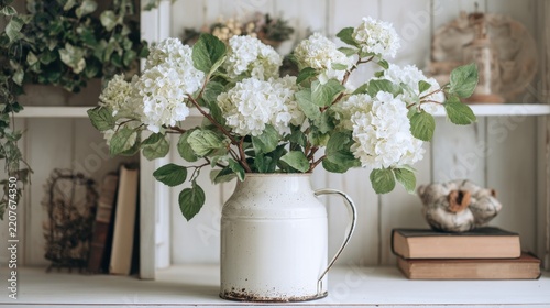 Florist arranges leafy branches and hydrangea in white metal vessel on a shelf in a flower shop during daytime