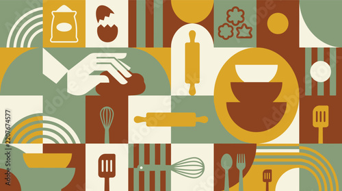 Abstract cooking and baking flat vector illustration with rolling pin and kitchen utensils