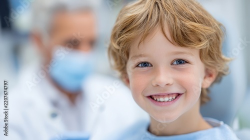 Child smiles during dentist consultation in dental office