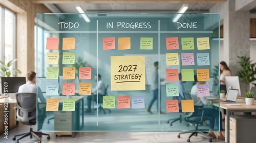 Team planning 2027 strategy on a Kanban board in a modern office with natural light