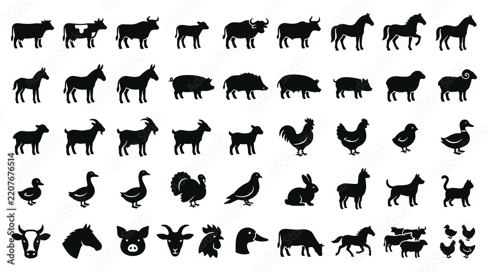Obraz premium Farm Livestock Silhouette Vector Set Featuring Cattle, Poultry, Horses, Sheep, Goats, Pigs, Rabbits and Rural Agriculture Animals
