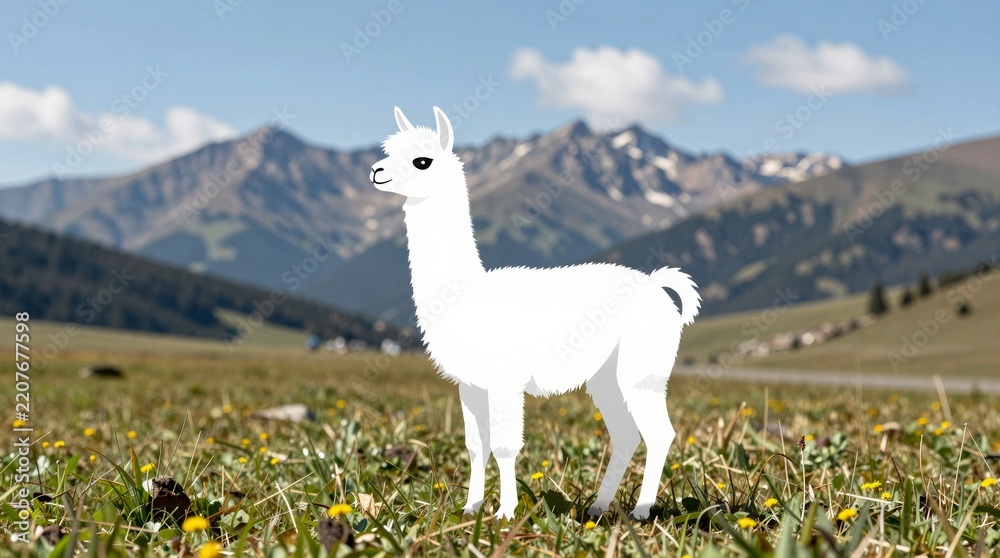 Obraz premium A cheerful cartoon llama stands in a lush mountain landscape, surrounded by vibrant flowers and serene skies. Perfect for nature-themed projects.