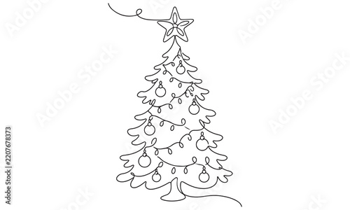 Continuous single line of a decorated christmas tree with ornaments and a star topper, isolated on a white background, festive holiday seasonal