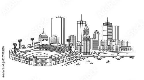 Detailed black and white Boston stadium and skyline illustration.