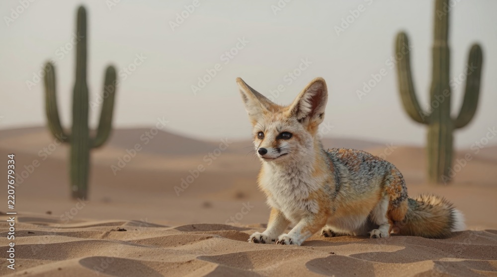 Fototapeta premium A charming desert fox rests gracefully on the sandy terrain, surrounded by towering cacti. The warm sunlight highlights its beautiful fur, creating a tranquil scene in nature.
