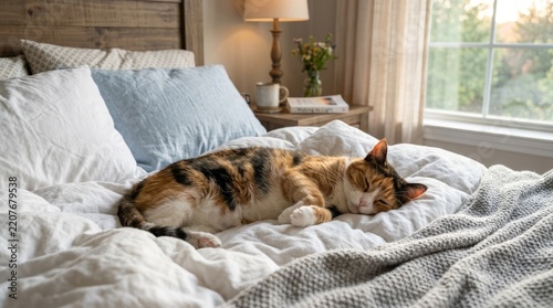 Relaxed tabby cat sleeping peacefully on a cozy bed.
