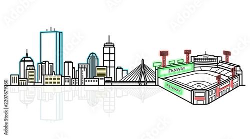 Detailed Boston skyline illustration with bridge and stadium.