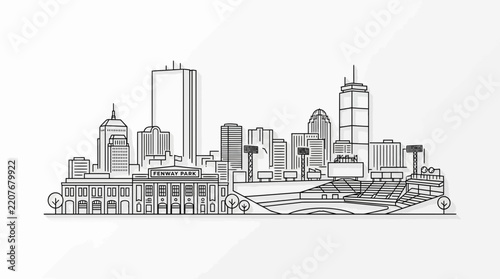 Detailed city skyline architectural line drawing illustration.