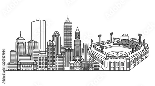 Detailed city skyline and baseball stadium architectural line drawing.