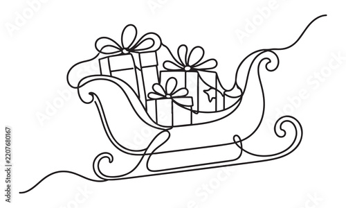 Continuous single line of a santa claus sleigh filled with wrapped gift boxes and bows on a white background, for winter holiday, season greeting cards, and festive decorations