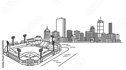 Detailed line drawing of a baseball stadium and cityscape.