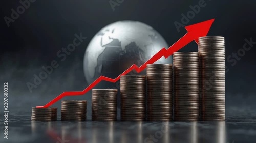 Global inflation concept, Staked coins with rising red arrow and globe crystal for economic financial crisis, cost of living increase, and stock market recession affecting world business growth.