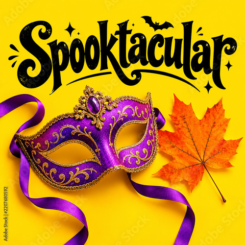 Spooktacular calligraphy text with ornate purple masquerade mask and maple leaf on yellow background