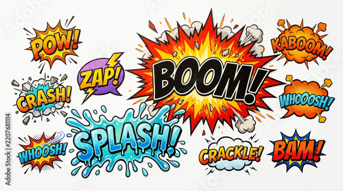 Dynamic collage of vintage comic sound effect burst bubbles.