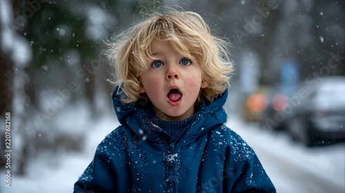 Young boy with blonde hair, blue jacket and a shocked facial expression in the snow