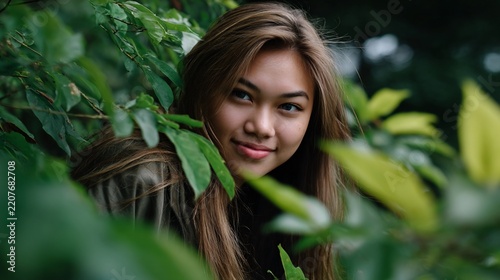 Young woman smiling surrounded by lush greenery, eyes focused toward the viewer