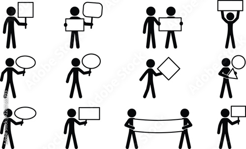 Obraz na plátně Minimalist stick figure icon set holding blank protest signs, black and white st