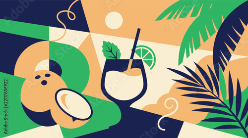 Tropical summer cocktail and beach vector illustration with coconut and palm leaves