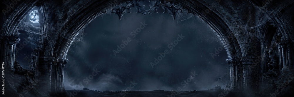 Fototapeta premium Dark gothic castle arch with full moon and fog at night. Spooky ruins interior with cobwebs and mist. Banner with copy space