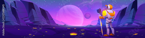 3D Abstract Sci-Fi Astronaut Alien Planet Sunset Landscape Background
