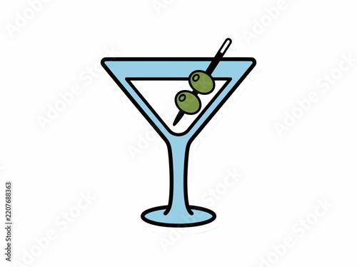 Minimalist cocktail glass with a toothpick and two olives on a white background
