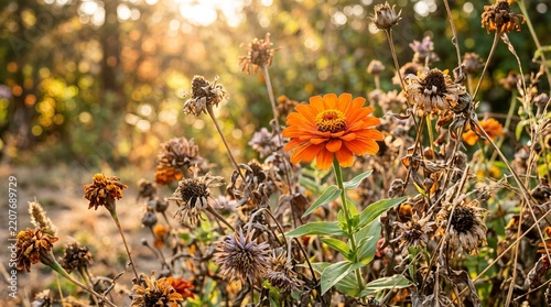 Vibrant orange poppy blooming among dried autumn wildflowers in natural setting.