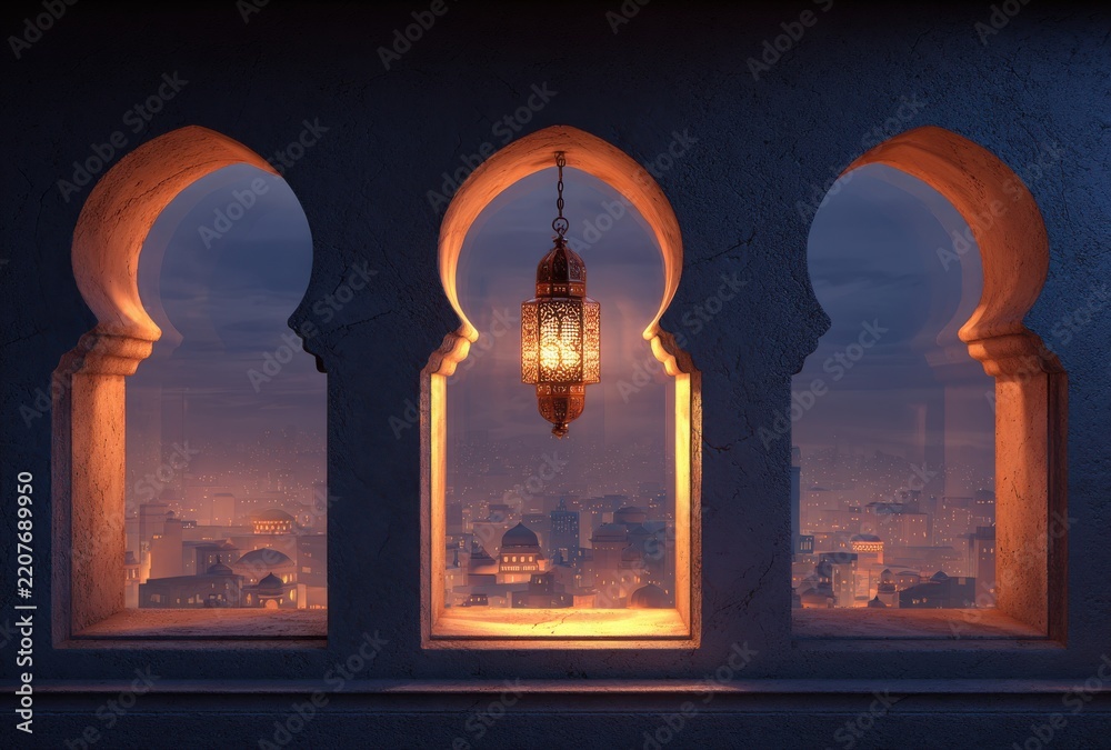 Fototapeta premium Beautiful illuminated moroccan arches perfectly frame a lively cityscape view at twilight creating a truly enchanting and magical ambiance
