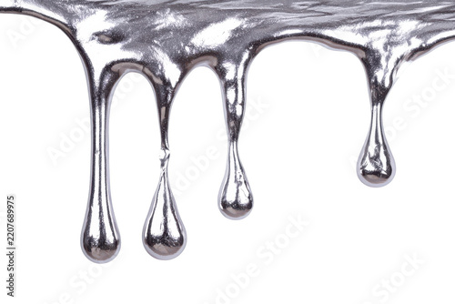The allure of metallic drips a study in shimmering silvery droplets isolated on transparent background. Three silver metallic liquid droplets falling in motion isolated on white background.