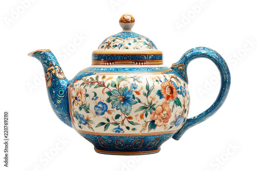 Elegant blue floral teapot with intricate designs isolated on transparent background. Hand-painted ceramic teapot with floral design and golden accents isolated on white background.