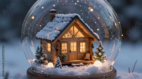 Delight in this enchanting winter scene featuring a cozy cottage within a snow globe. Soft lights illuminate the snowy landscape, creating a magical festive atmosphere.